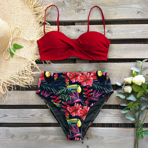 Sexy Leaf Print Female High Waist Bikini