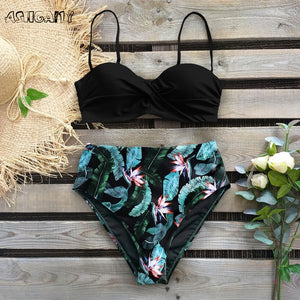 Sexy Leaf Print Female High Waist Bikini