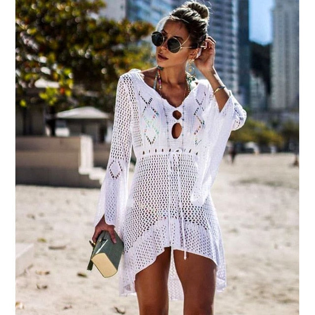 Sexy White Knitted Beach Cover up Dress