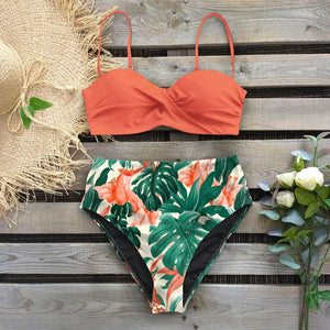 Sexy Leaf Print Female High Waist Bikini